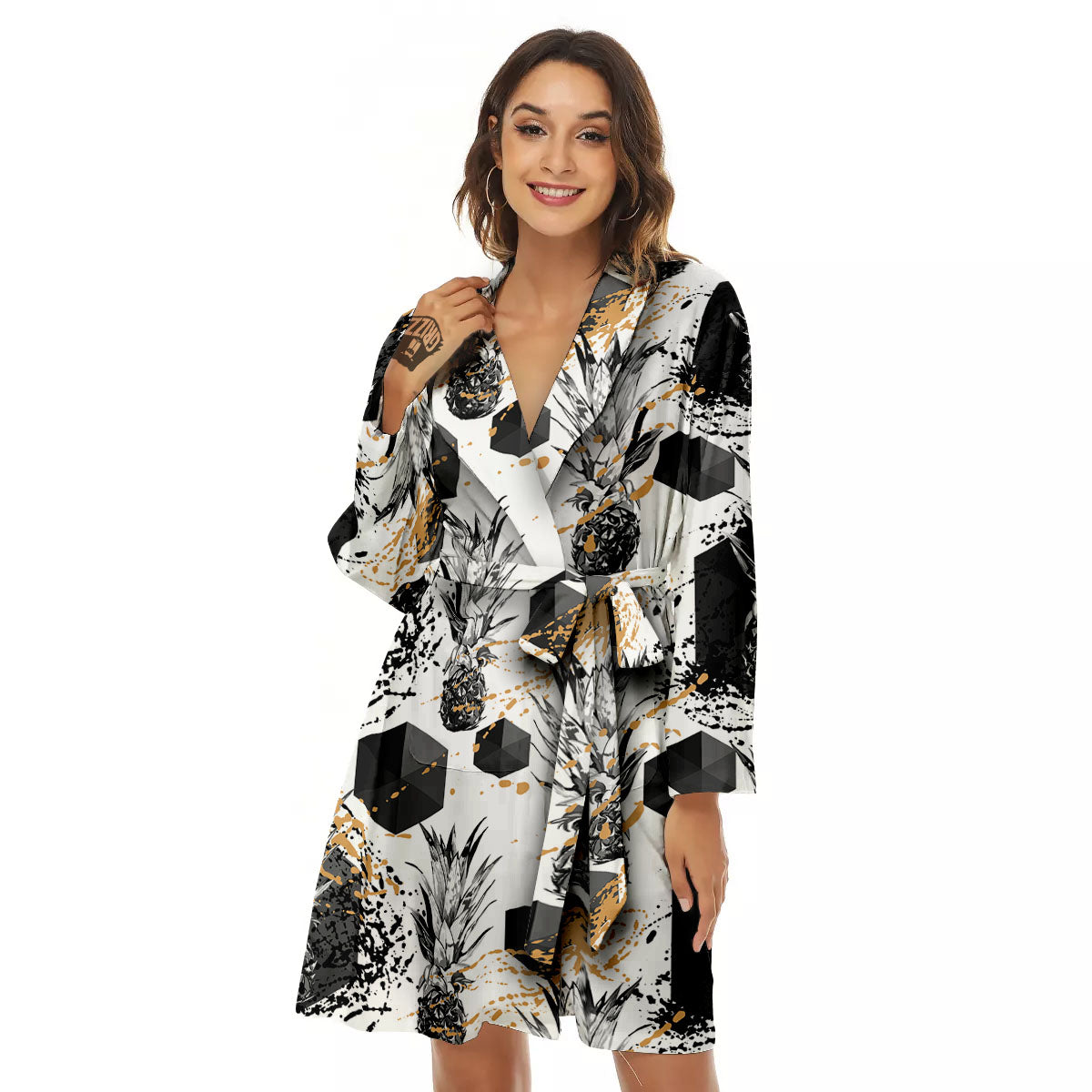 Pineapple Black Geometric Print Pattern Women's Robe-grizzshop