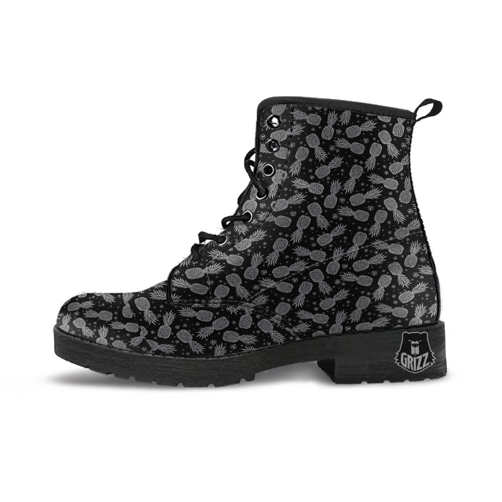 Pineapple Black Print Pattern Leather Boots-grizzshop