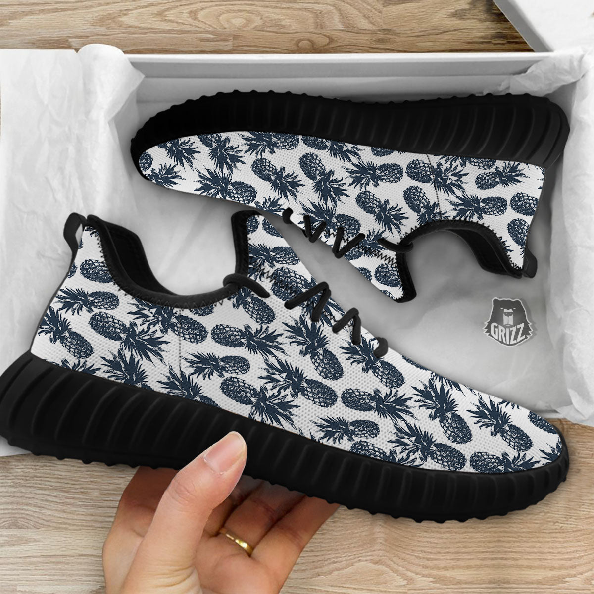 Pineapple Black Tropical Print Pattern Black Walking Shoes-grizzshop