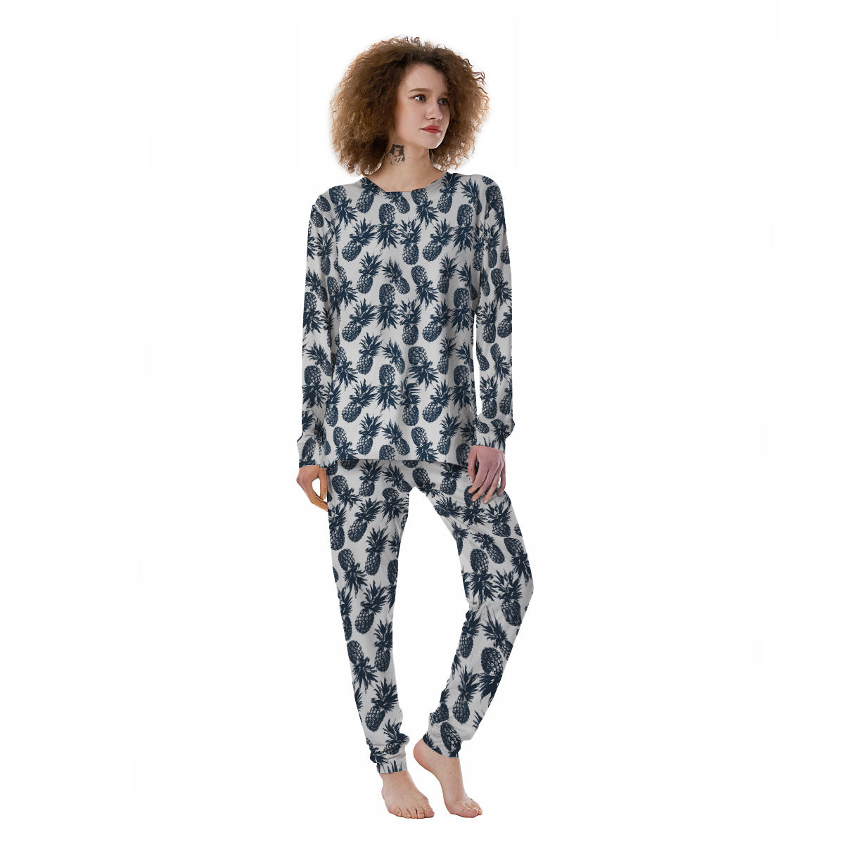 Pineapple Black Tropical Print Pattern Women's Pajamas-grizzshop