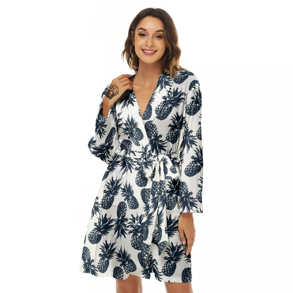 Pineapple Black Tropical Print Pattern Women's Robe-grizzshop