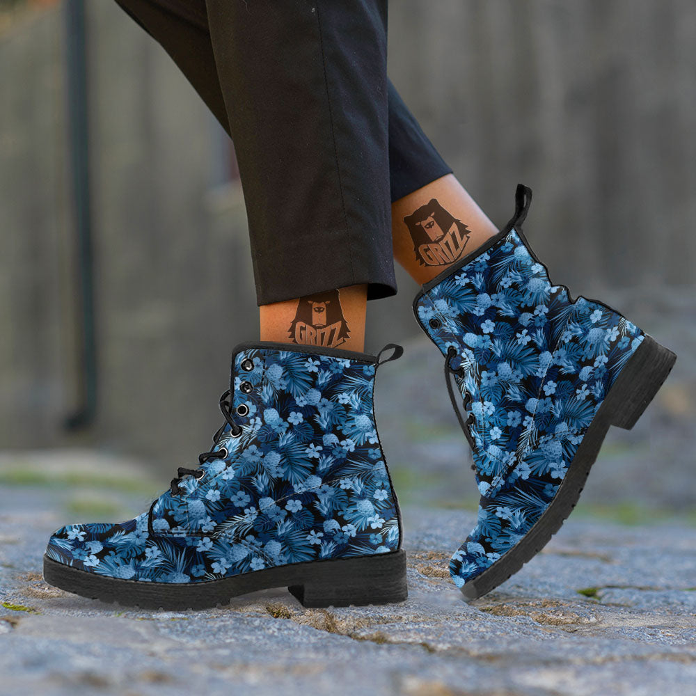 Pineapple Blue Aloha Print Pattern Leather Boots-grizzshop
