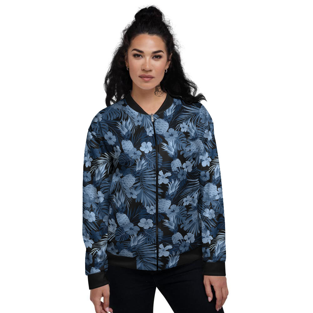 Pineapple Blue Aloha Print Pattern Women's Bomber Jacket-grizzshop