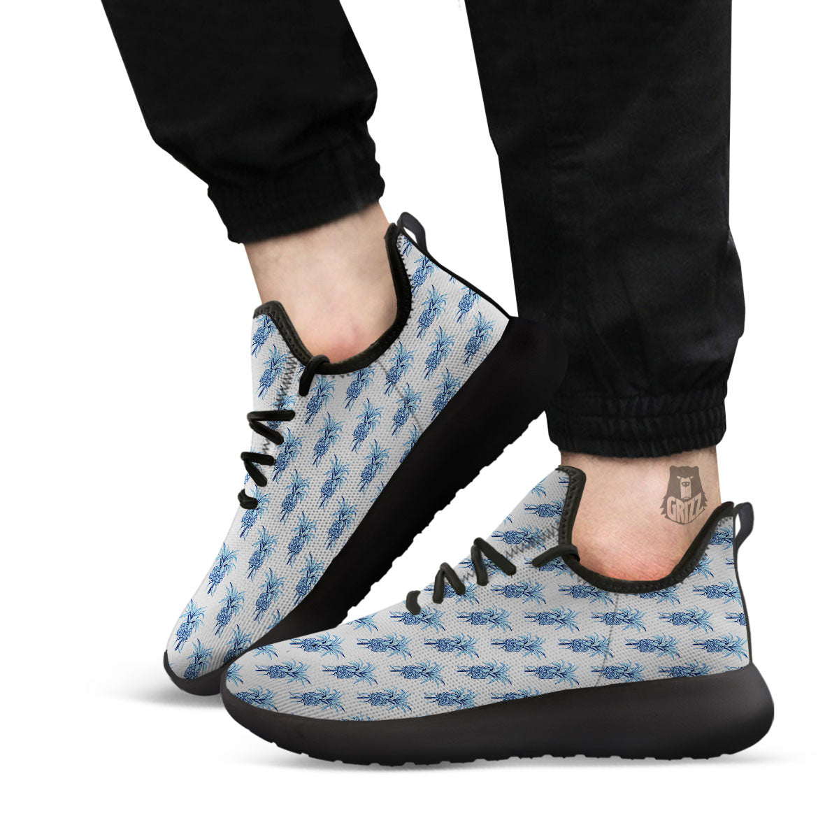 Pineapple Blue Leaf Print Pattern Black Athletic Shoes-grizzshop