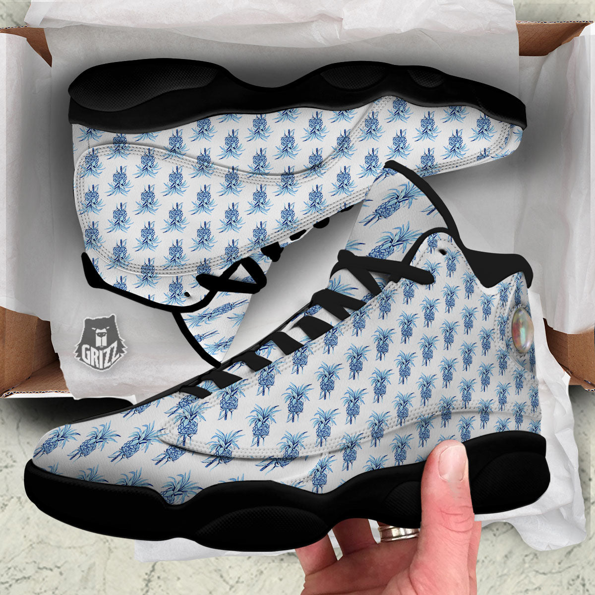 Pineapple Blue Leaf Print Pattern Black Basketball Shoes-grizzshop