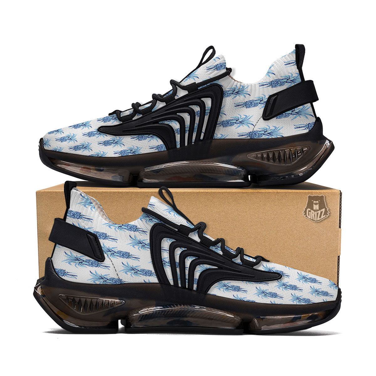 Pineapple Blue Leaf Print Pattern Black Gym Shoes-grizzshop