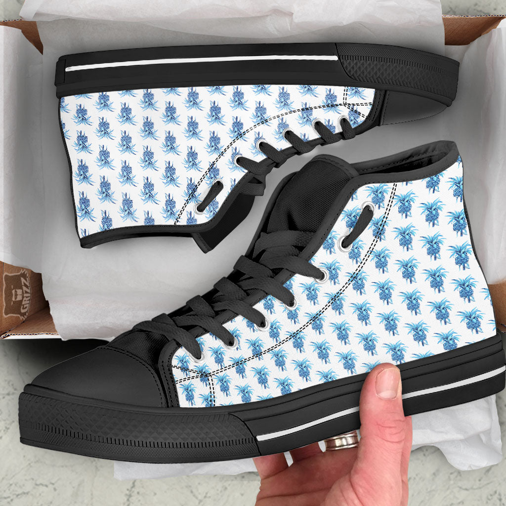 Pineapple Blue Leaf Print Pattern Black High Top Shoes-grizzshop