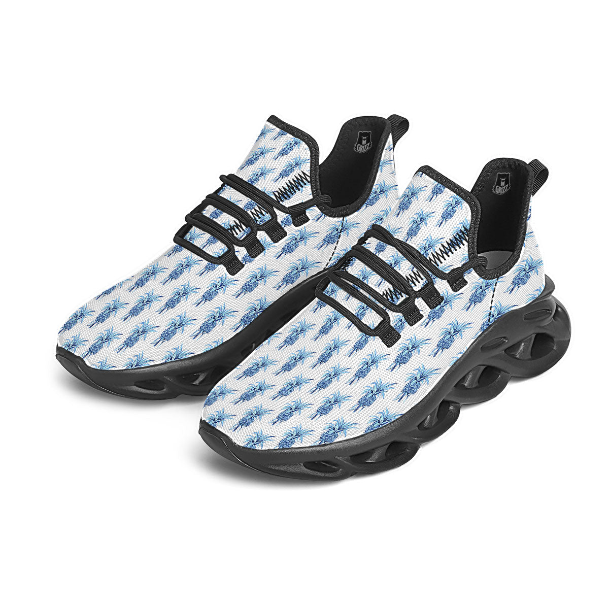 Pineapple Blue Leaf Print Pattern Black Running Shoes-grizzshop