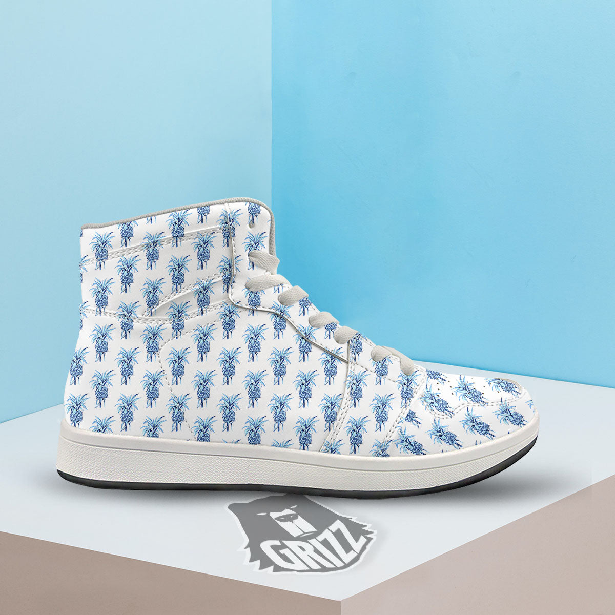 Pineapple Blue Leaf Print Pattern High Top Sneakers-grizzshop