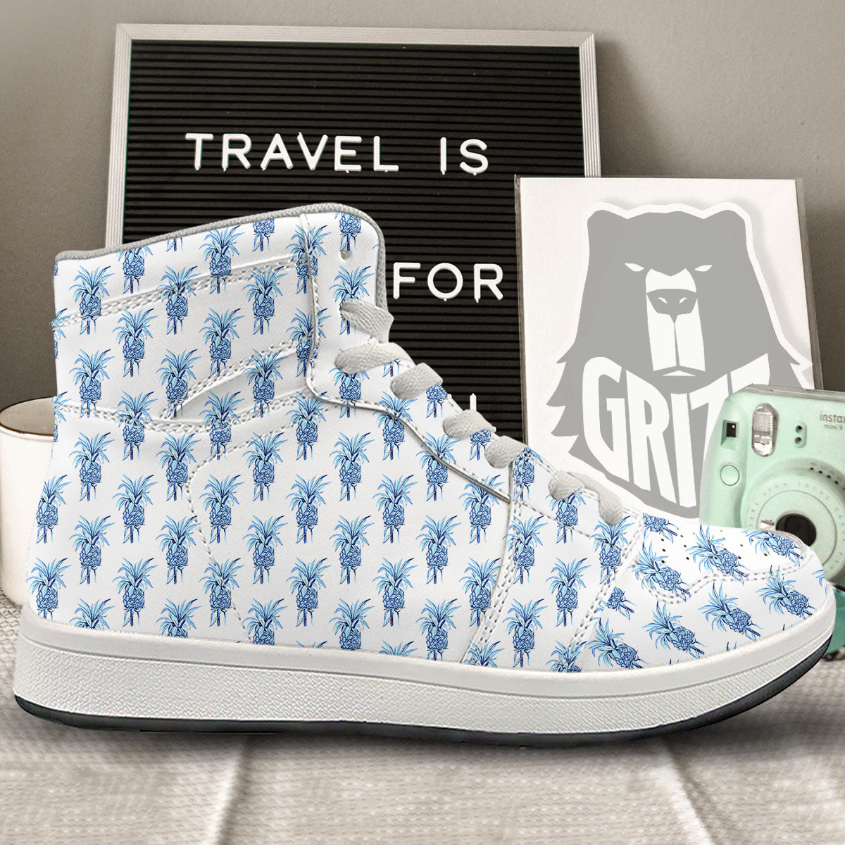 Pineapple Blue Leaf Print Pattern High Top Sneakers-grizzshop
