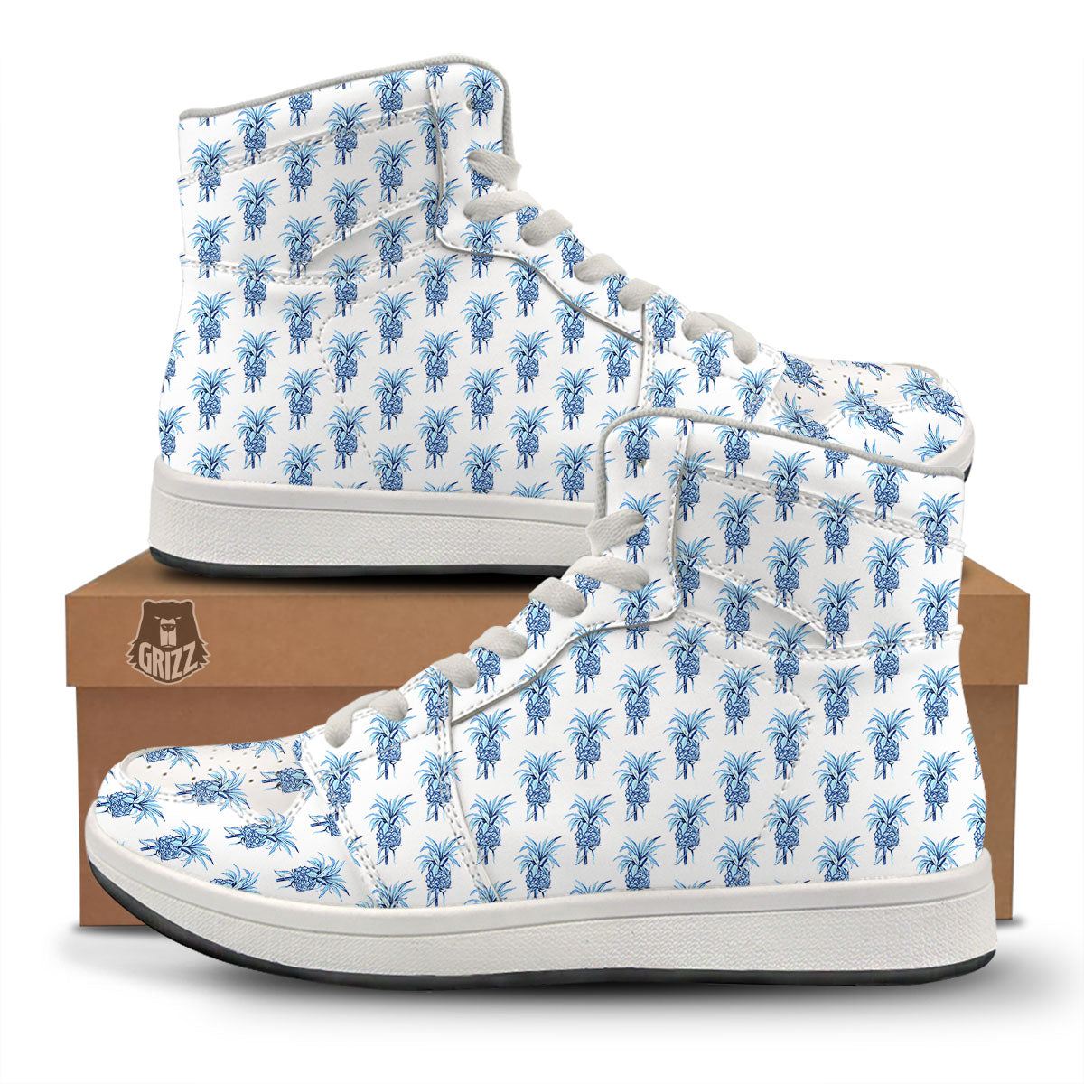 Pineapple Blue Leaf Print Pattern High Top Sneakers-grizzshop