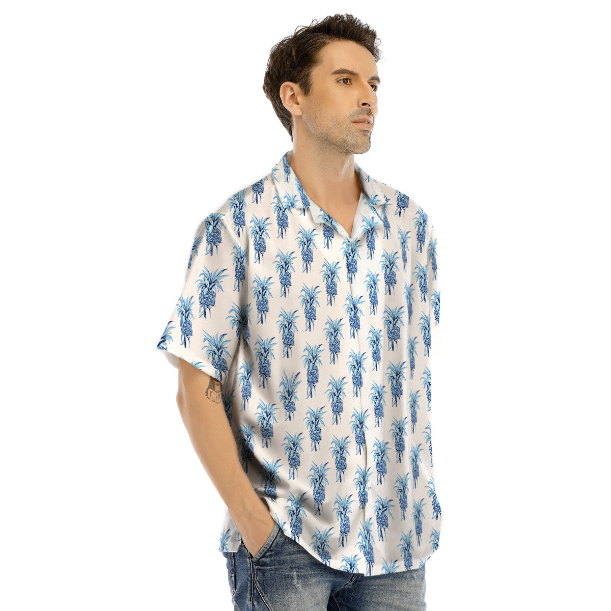 Pineapple Blue Leaf Print Pattern Men's Hawaiian Shirt-grizzshop