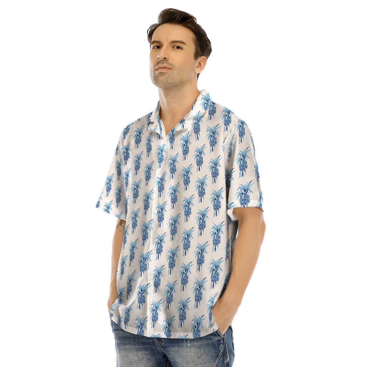 Pineapple Blue Leaf Print Pattern Men's Hawaiian Shirt-grizzshop