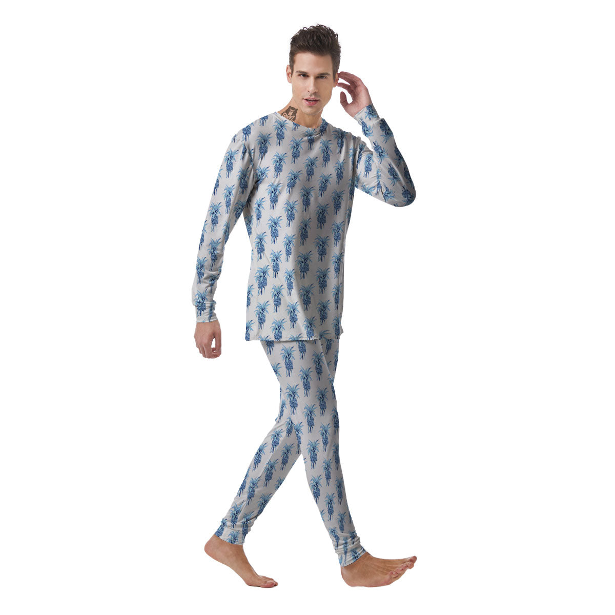 Pineapple Blue Leaf Print Pattern Men's Pajamas-grizzshop