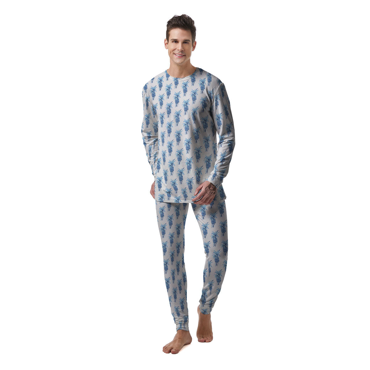 Pineapple Blue Leaf Print Pattern Men's Pajamas-grizzshop