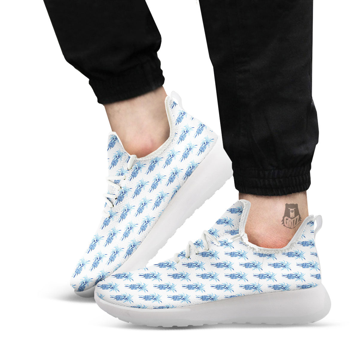 Pineapple Blue Leaf Print Pattern White Athletic Shoes-grizzshop