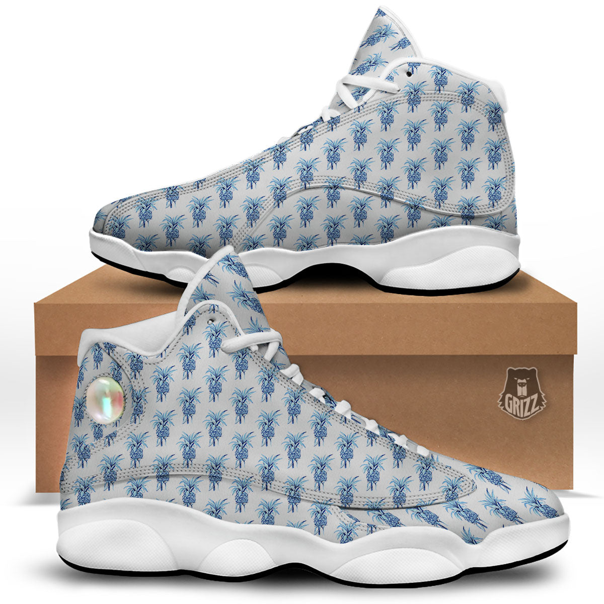 Pineapple Blue Leaf Print Pattern White Basketball Shoes-grizzshop