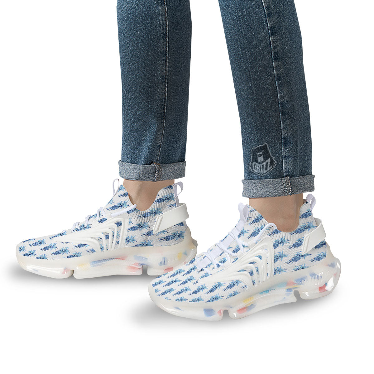 Pineapple Blue Leaf Print Pattern White Gym Shoes-grizzshop