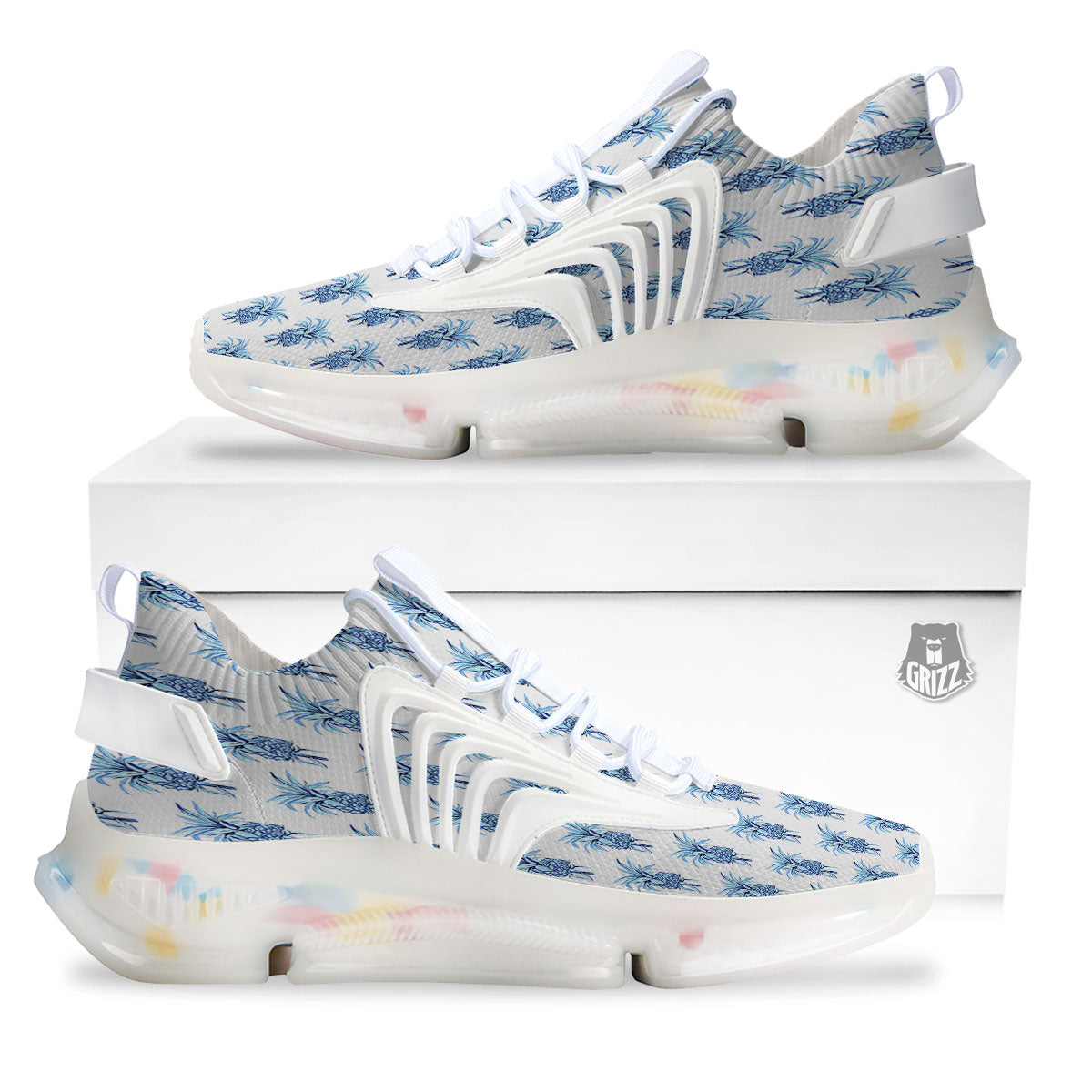 Pineapple Blue Leaf Print Pattern White Gym Shoes-grizzshop