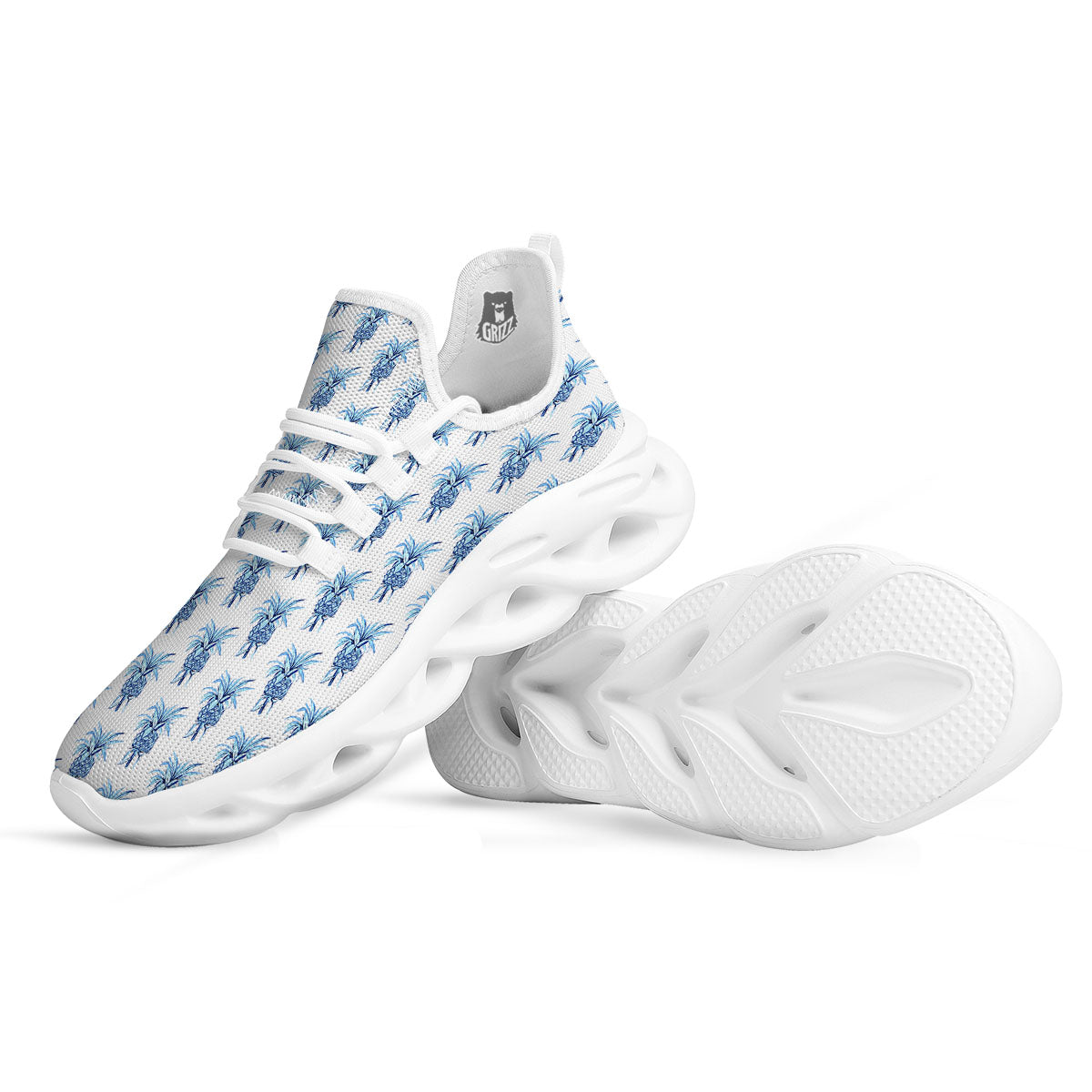Pineapple Blue Leaf Print Pattern White Running Shoes-grizzshop