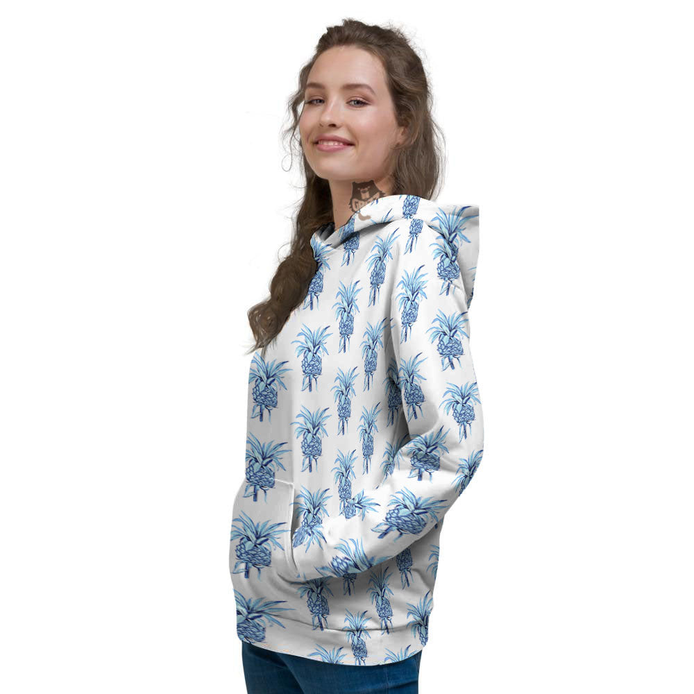 Pineapple Blue Leaf Print Pattern Women's Hoodie-grizzshop