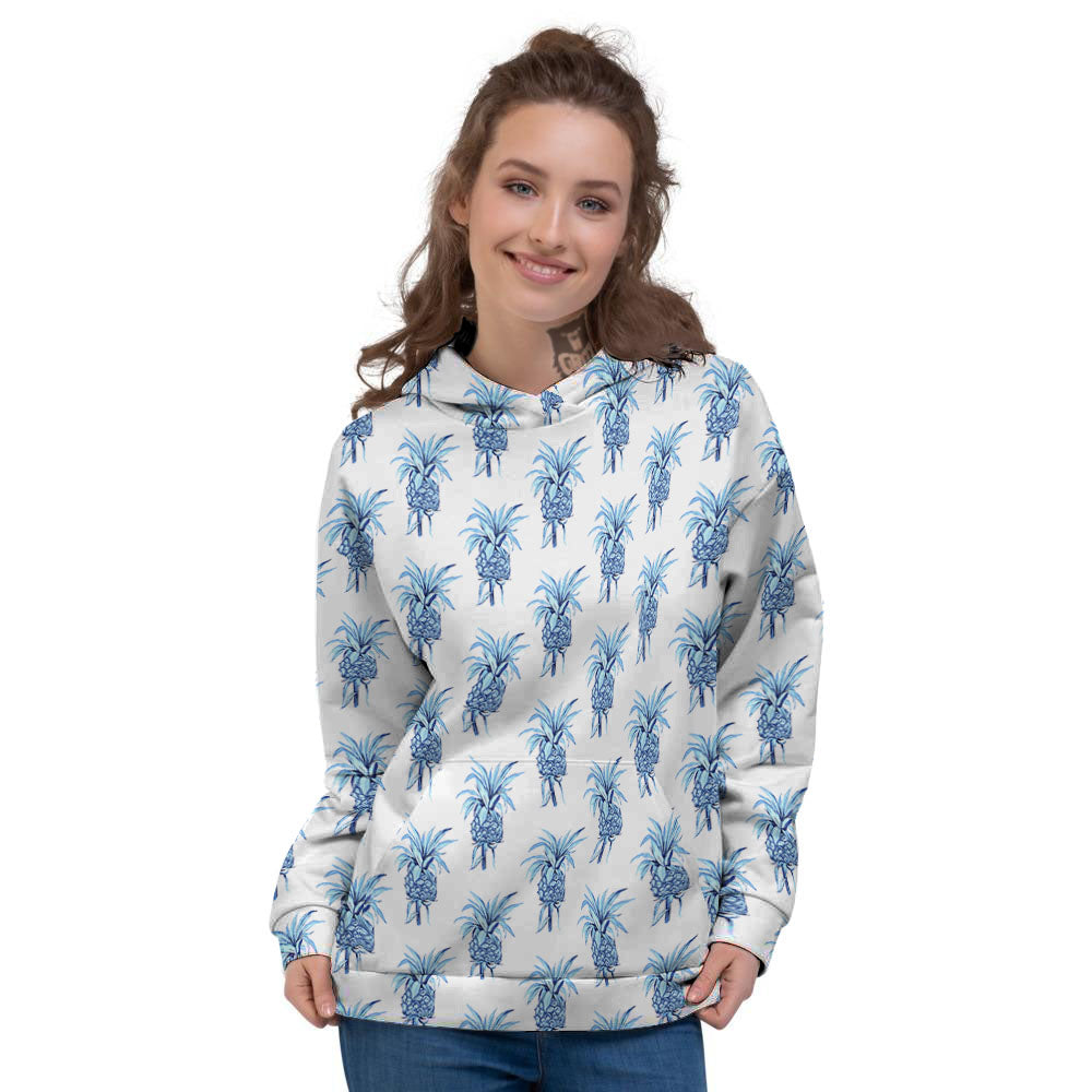 Pineapple Blue Leaf Print Pattern Women's Hoodie-grizzshop
