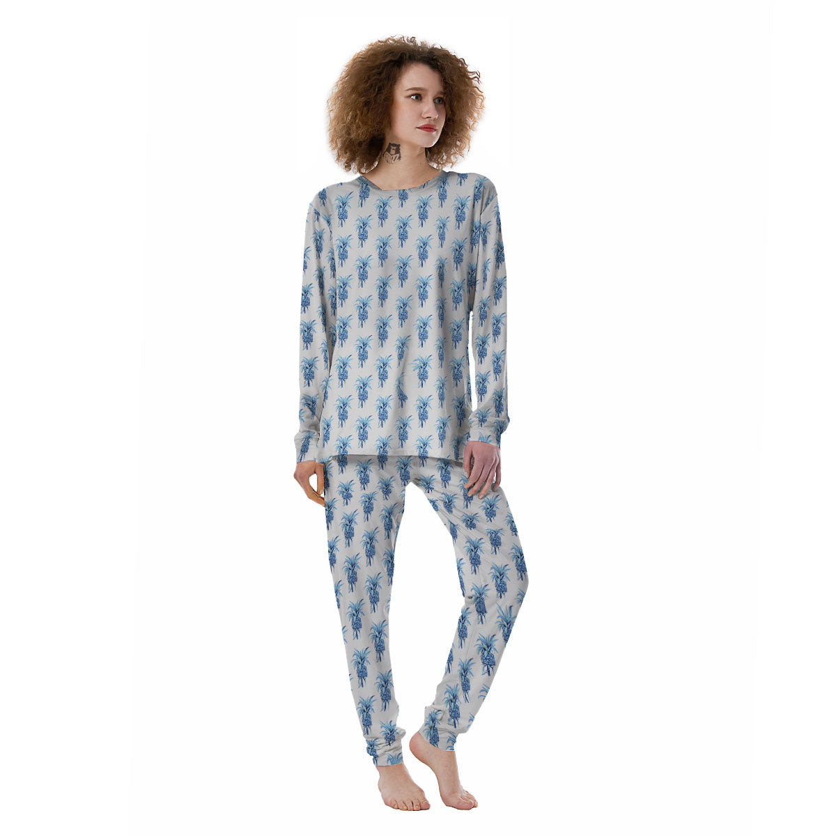 Pineapple Blue Leaf Print Pattern Women's Pajamas-grizzshop