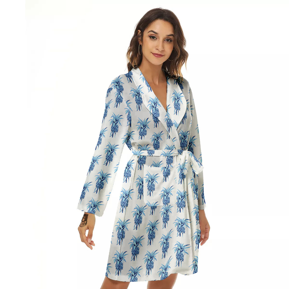 Pineapple Blue Leaf Print Pattern Women's Robe-grizzshop