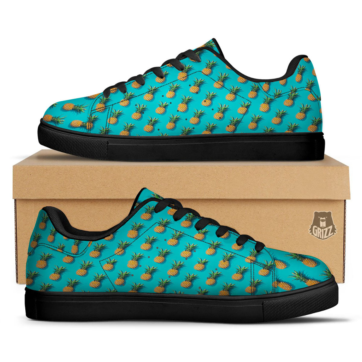 Pineapple Blue Print Pattern Black Low Top Sneakers-grizzshop