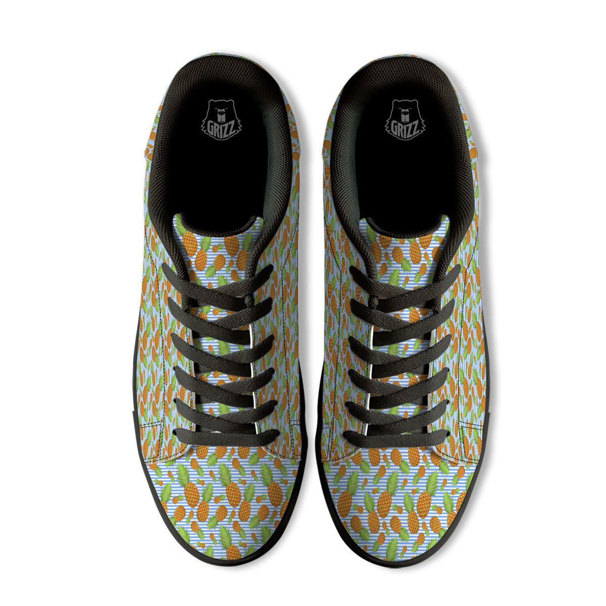 Pineapple Blue Striped Print Pattern Black Low Top Sneakers-grizzshop