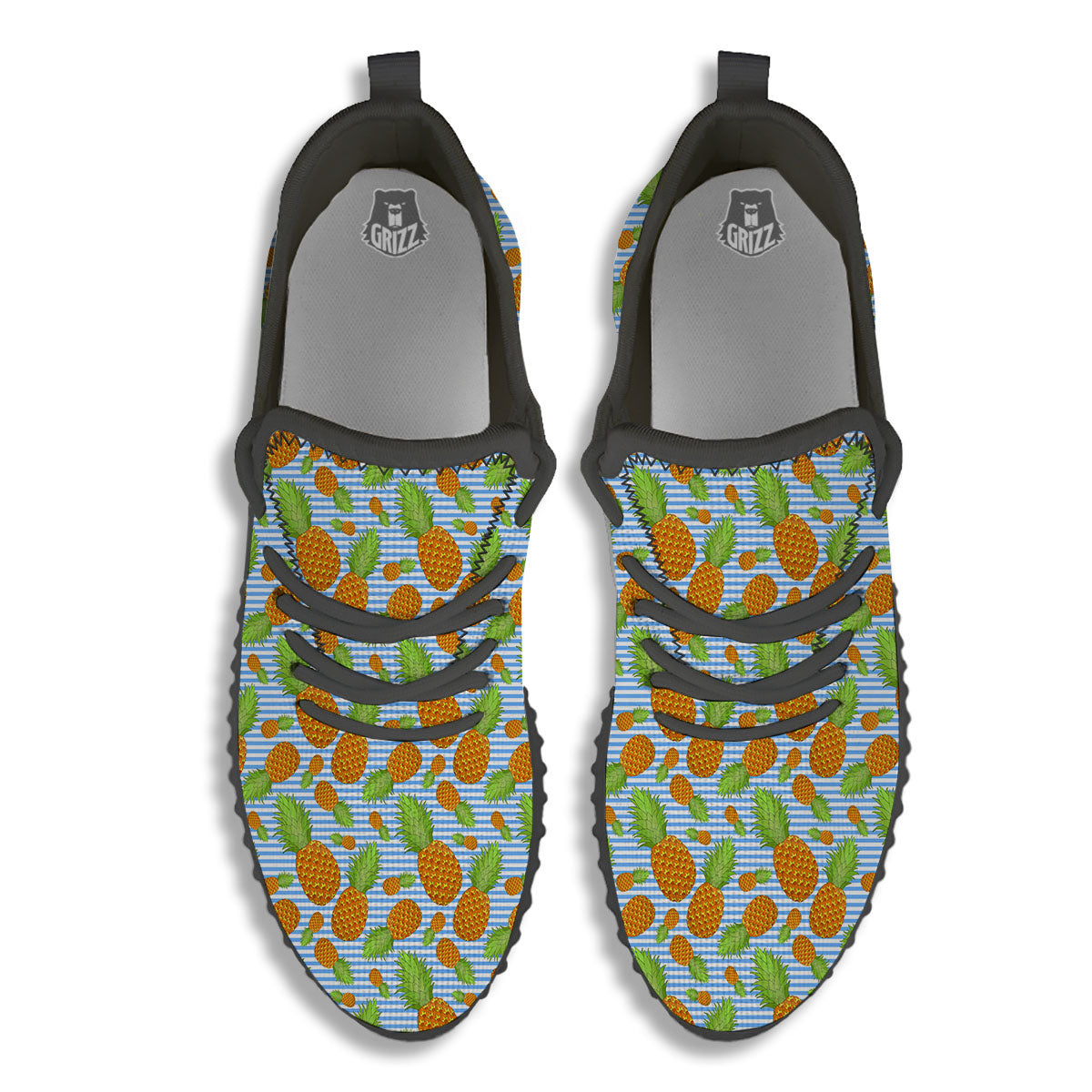 Pineapple Blue Striped Print Pattern Black Walking Shoes-grizzshop