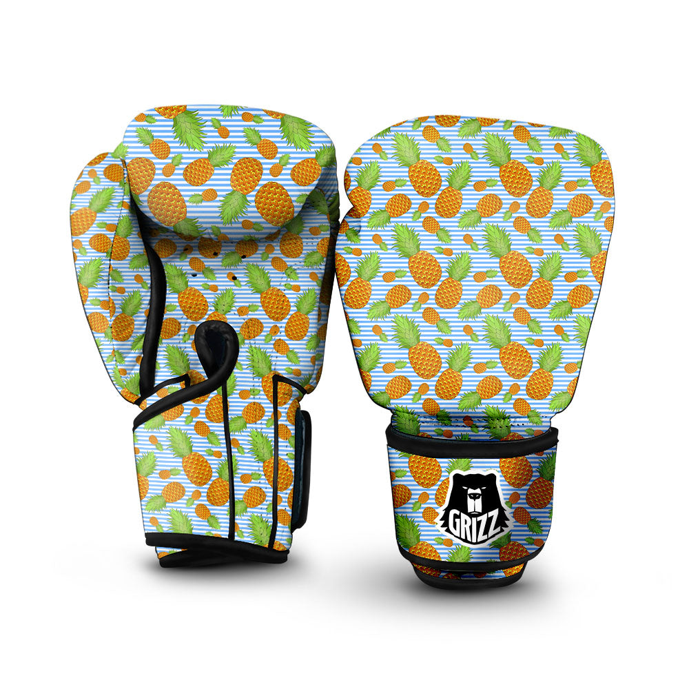 Pineapple Blue Striped Print Pattern Boxing Gloves-grizzshop