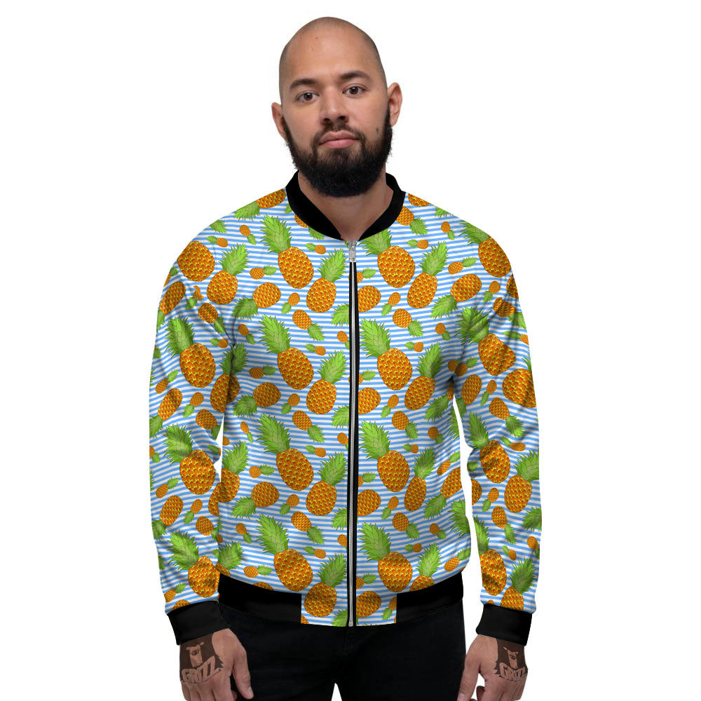 Pineapple Blue Striped Print Pattern Men's Bomber Jacket-grizzshop