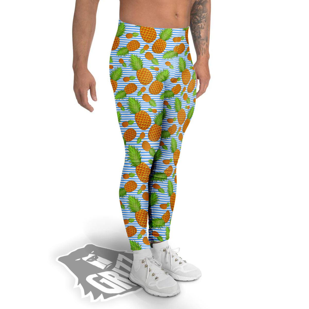 Pineapple Blue Striped Print Pattern Men's Leggings-grizzshop