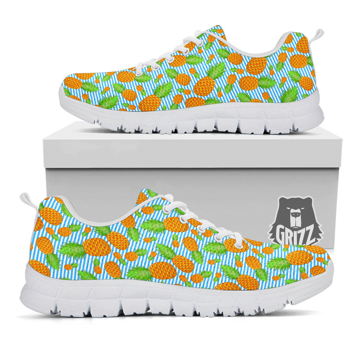 Pineapple Blue Striped Print Pattern White Sneaker-grizzshop