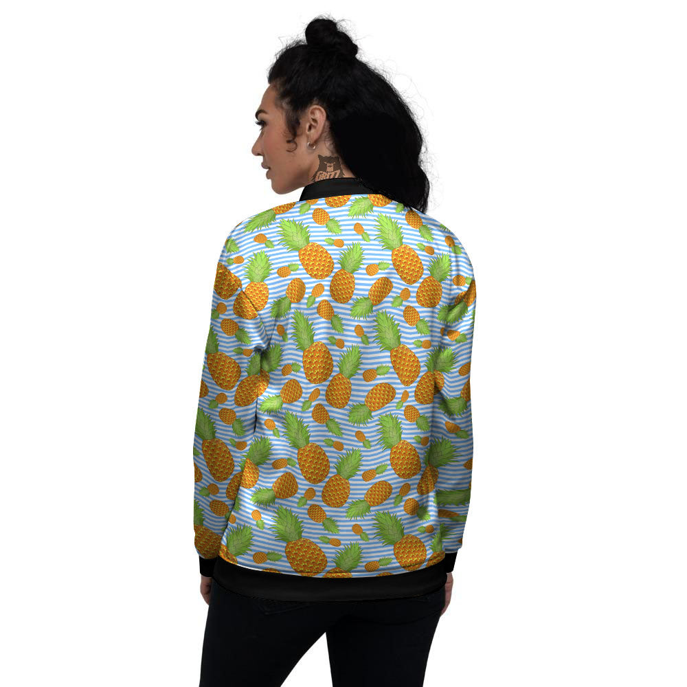 Pineapple Blue Striped Print Pattern Women's Bomber Jacket-grizzshop
