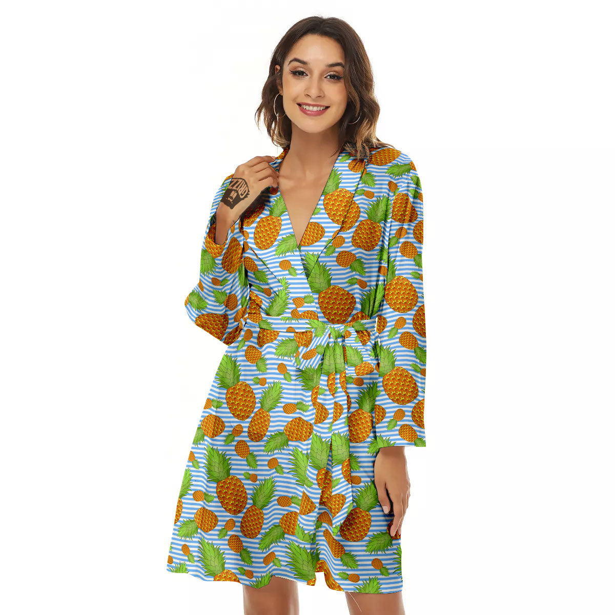 Pineapple Blue Striped Print Pattern Women's Robe-grizzshop