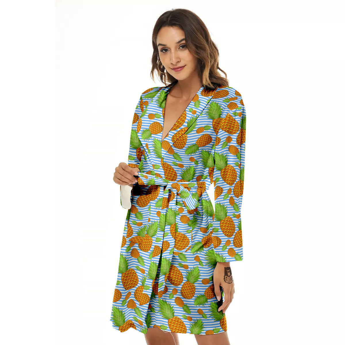 Pineapple Blue Striped Print Pattern Women's Robe-grizzshop