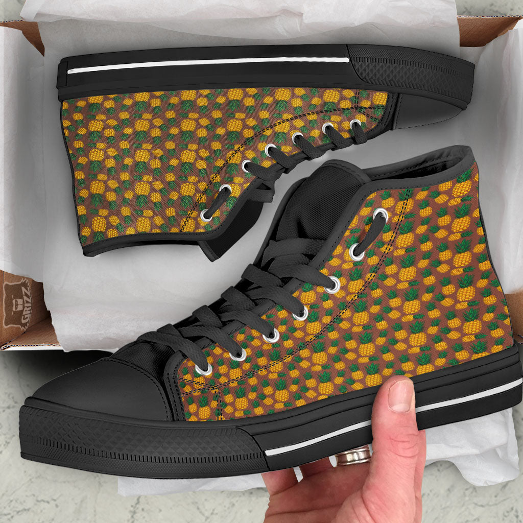 Pineapple Brown Print Pattern Black High Top Shoes-grizzshop