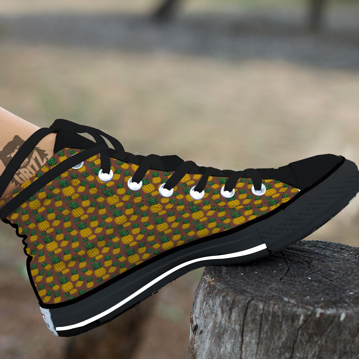 Pineapple Brown Print Pattern Black High Top Shoes-grizzshop