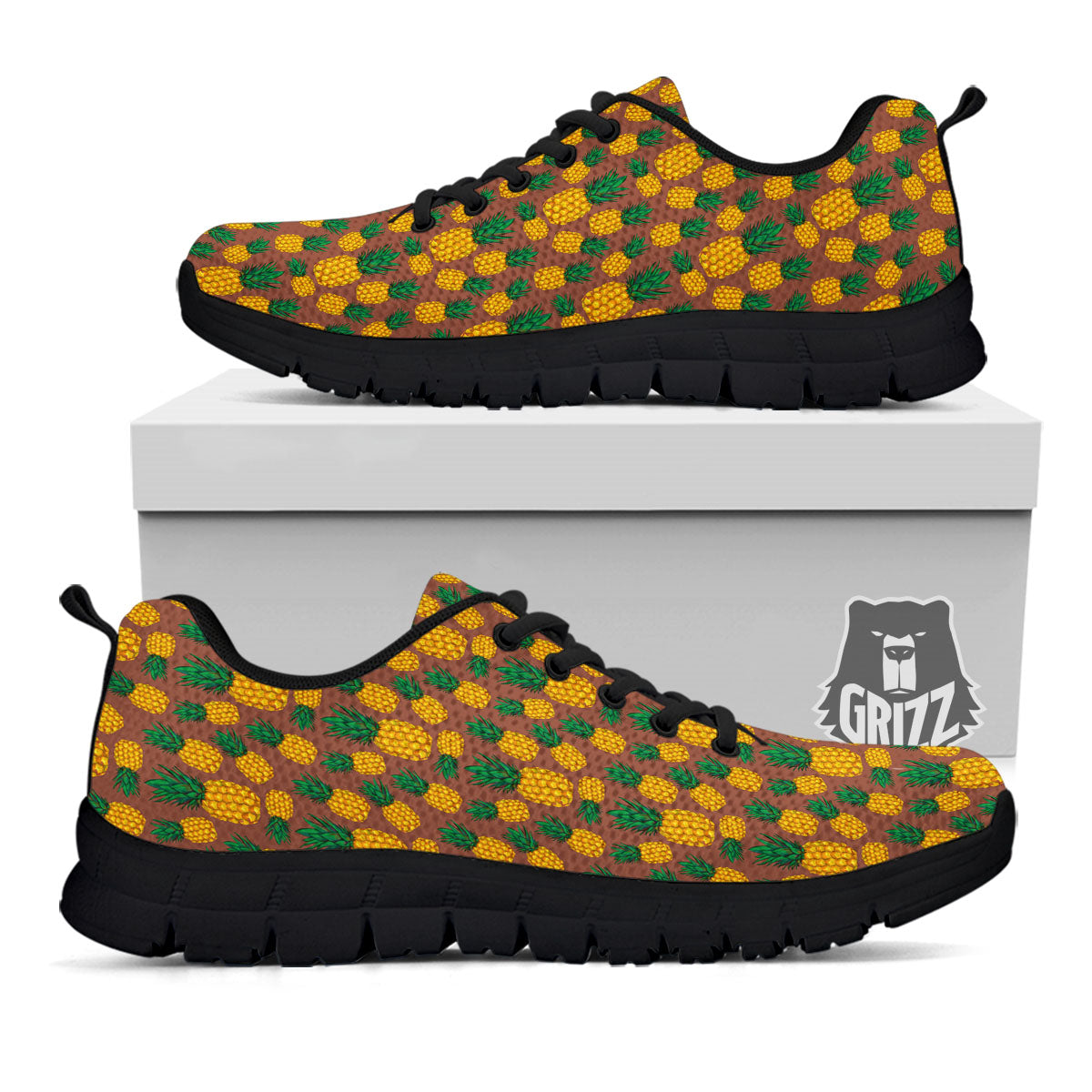 Pineapple Brown Print Pattern Black Sneaker-grizzshop