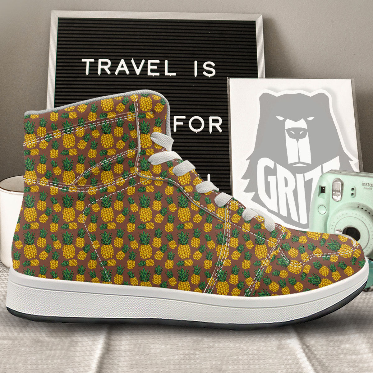 Pineapple Brown Print Pattern High Top Sneakers-grizzshop