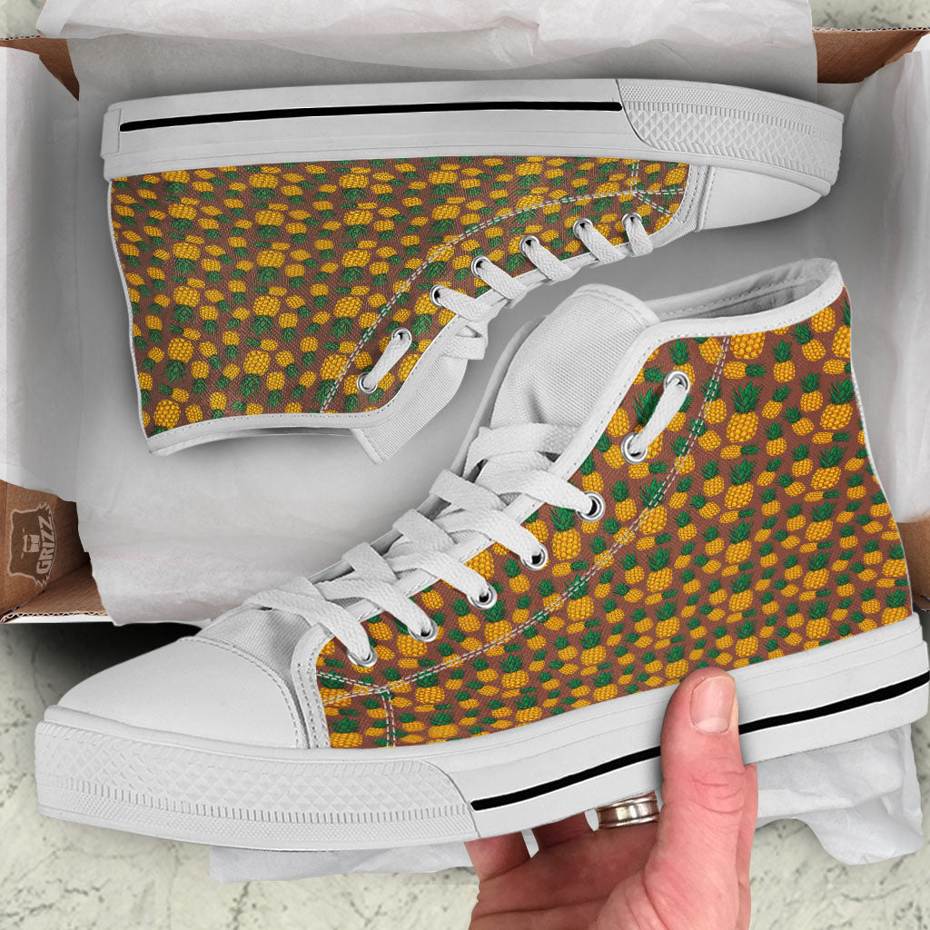 Pineapple Brown Print Pattern White High Top Shoes-grizzshop