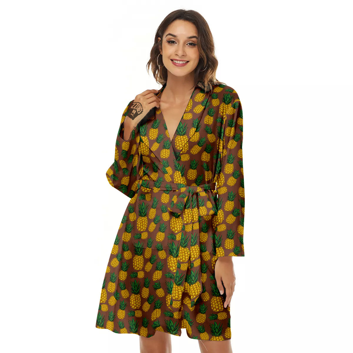 Pineapple Brown Print Pattern Women's Robe-grizzshop