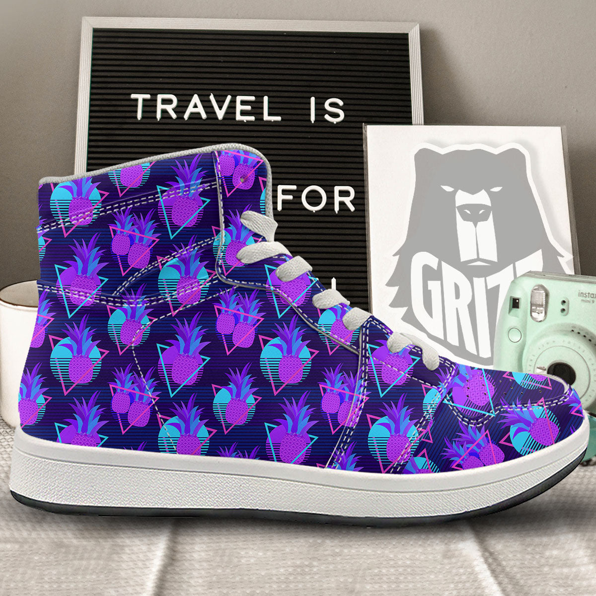 Pineapple EDM Purple Print Pattern High Top Sneakers-grizzshop