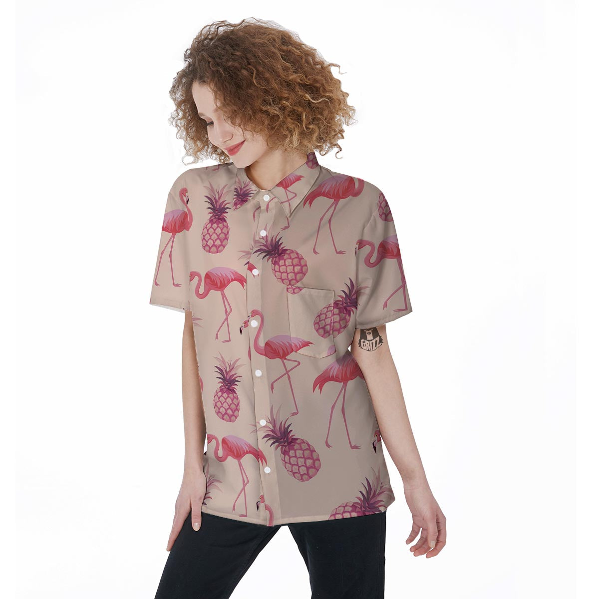 Pineapple Flamingo Print Women's Short Sleeve Shirts-grizzshop