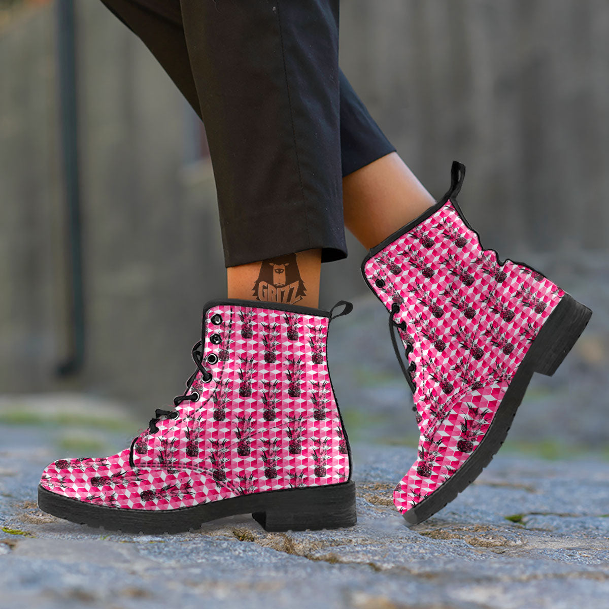 Pineapple Geometric Print Pattern Leather Boots-grizzshop