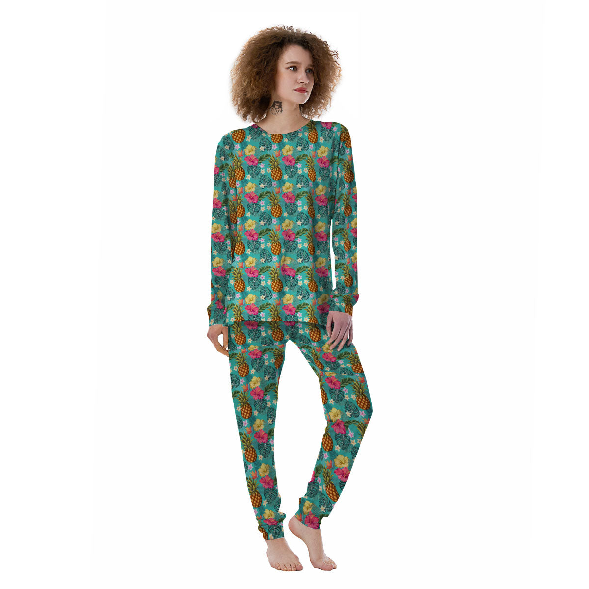 Pineapple Hawaii Hibiscus Print Pattern Women's Pajamas-grizzshop