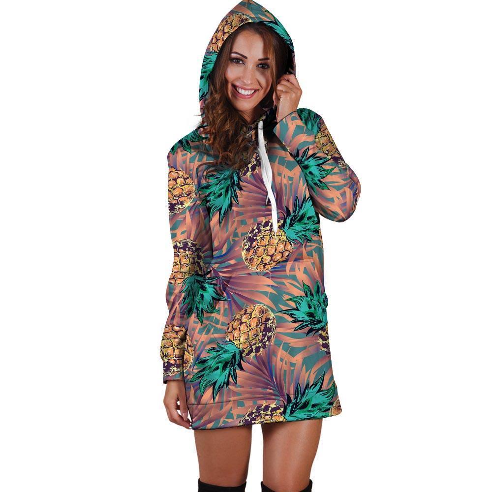 Pineapple Hawaiian Print Hoodie Dress-grizzshop