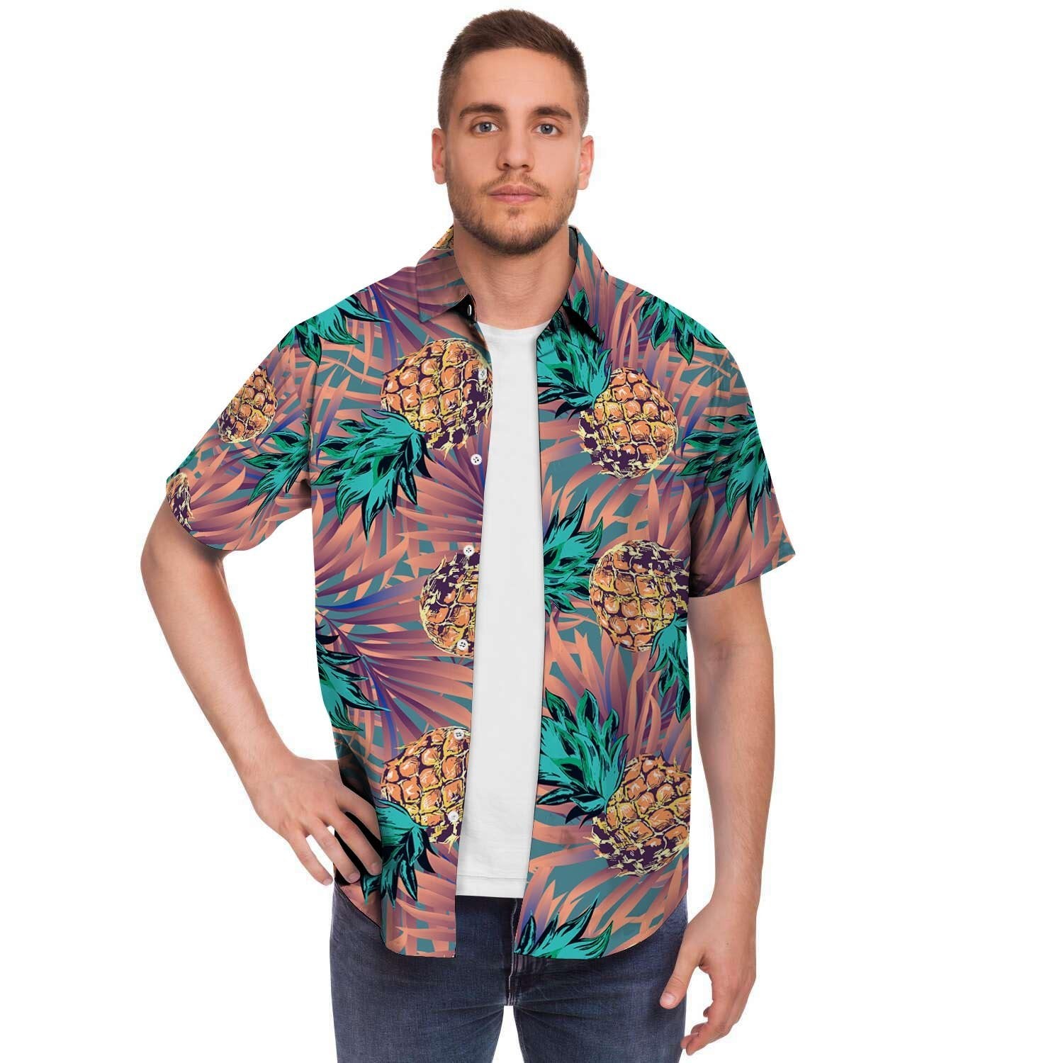 Pineapple Hawaiian Print Men's Short Sleeve Shirt-grizzshop